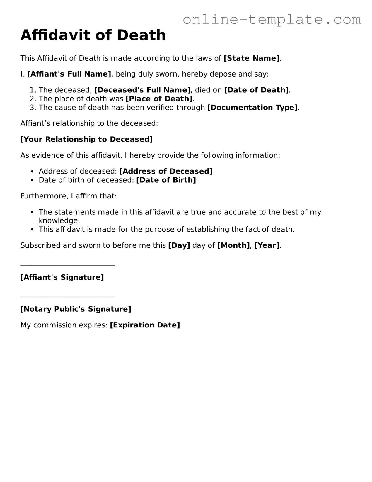 Official Affidavit of Death Template