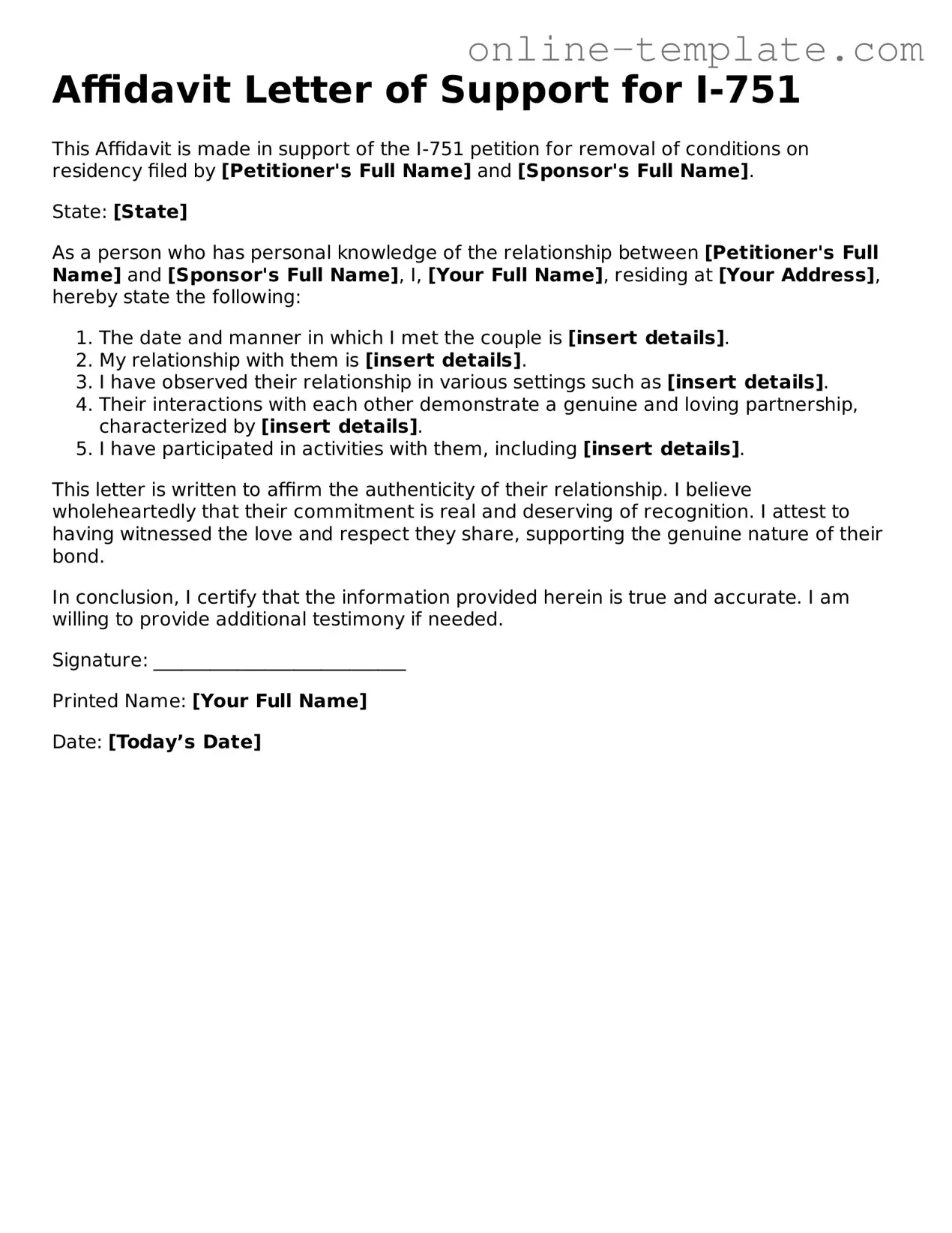 Official Affidavit Letter of Support for I-751 Template