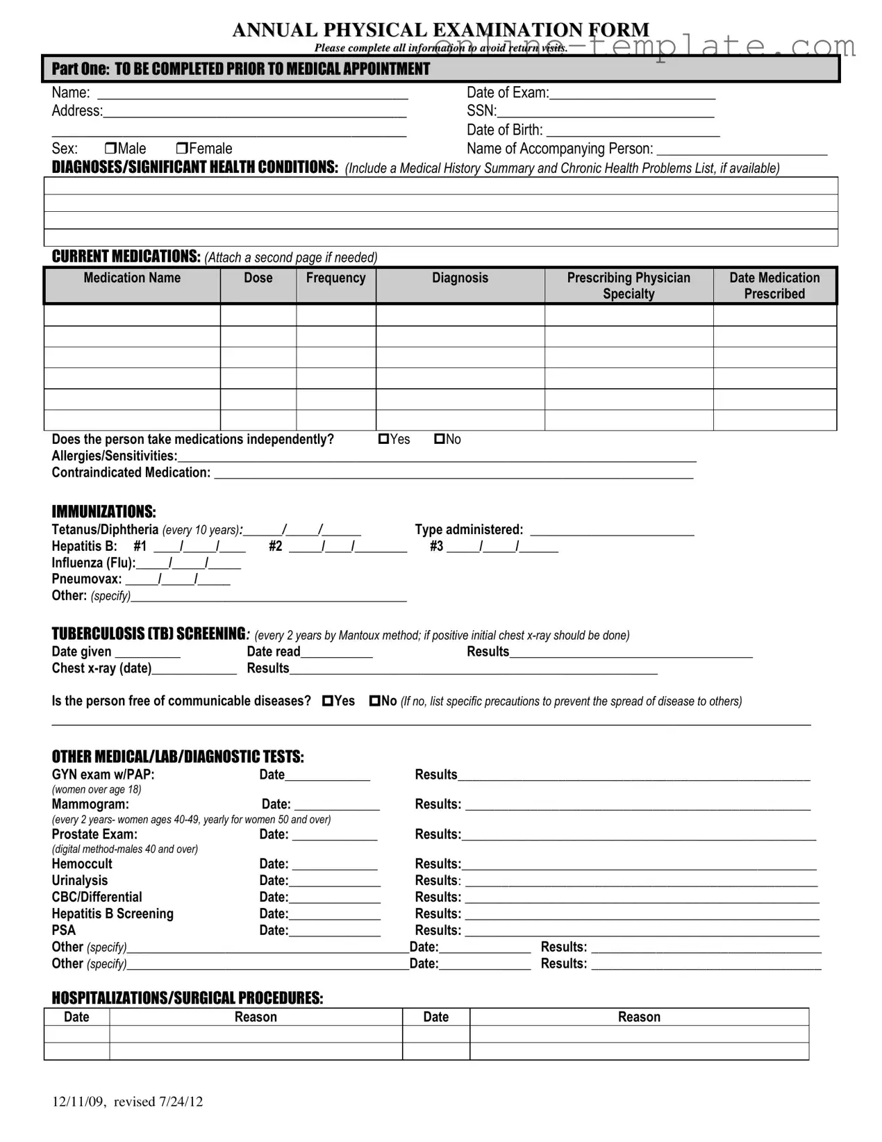 Free Annual Physical Examination PDF Template