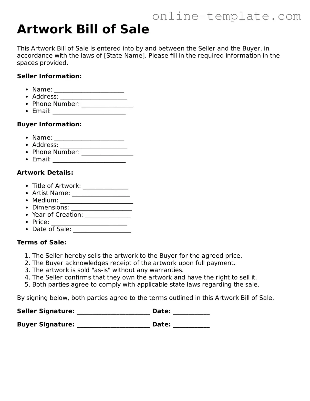 Official Artwork Bill of Sale Template