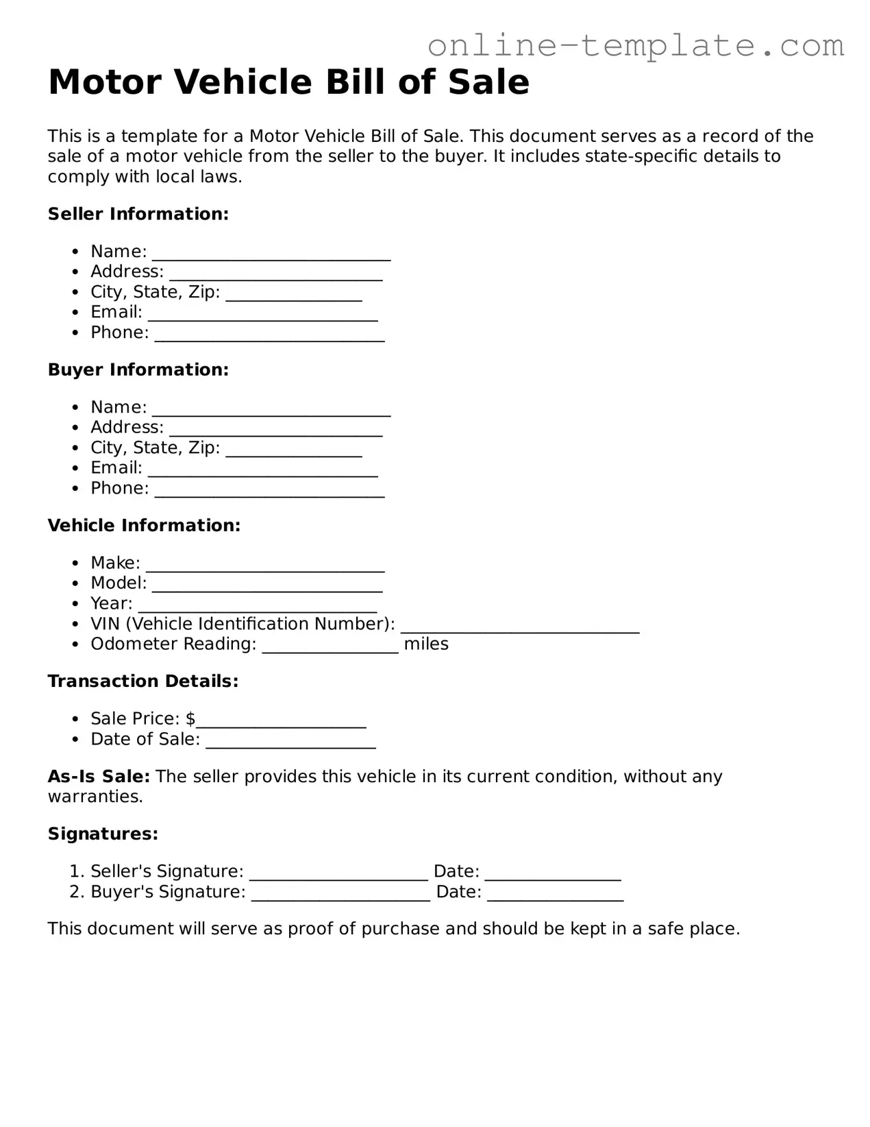 Official Motor Vehicle Bill of Sale Template
