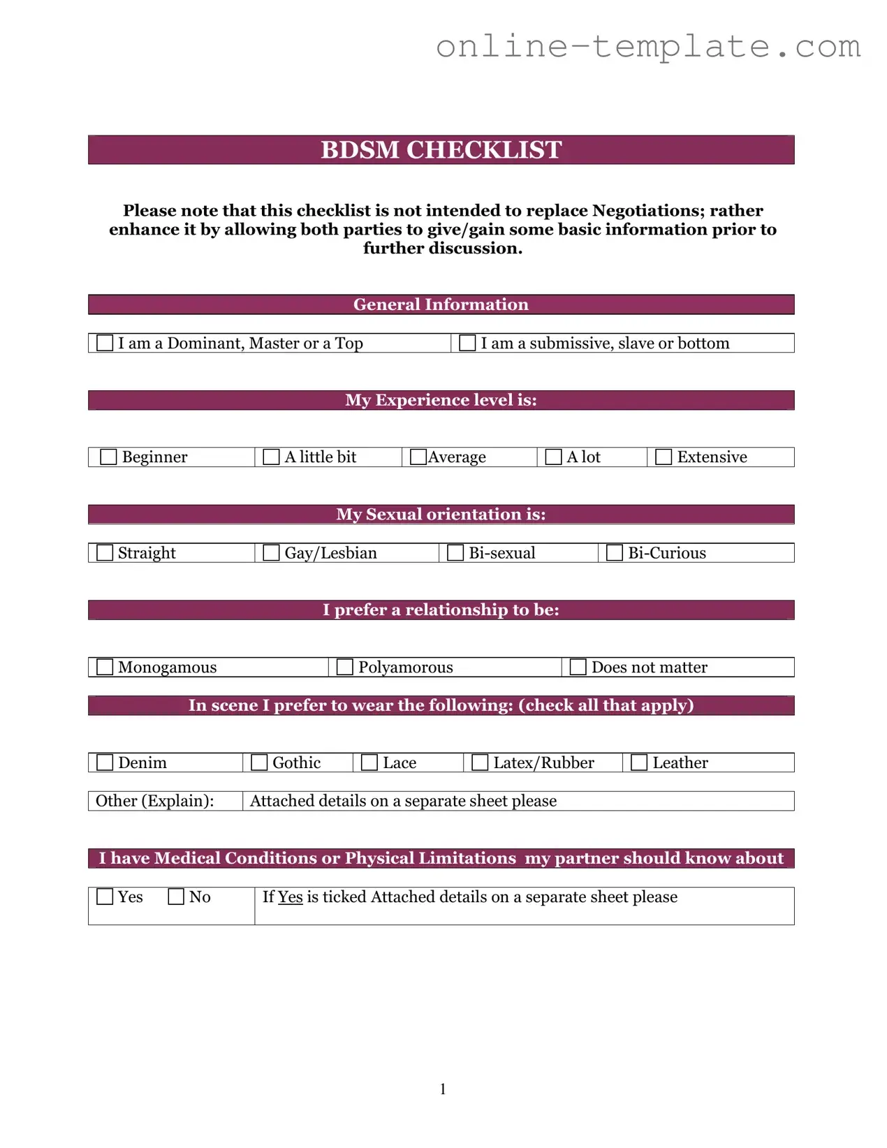 Free Bdsm Checklist PDF Template