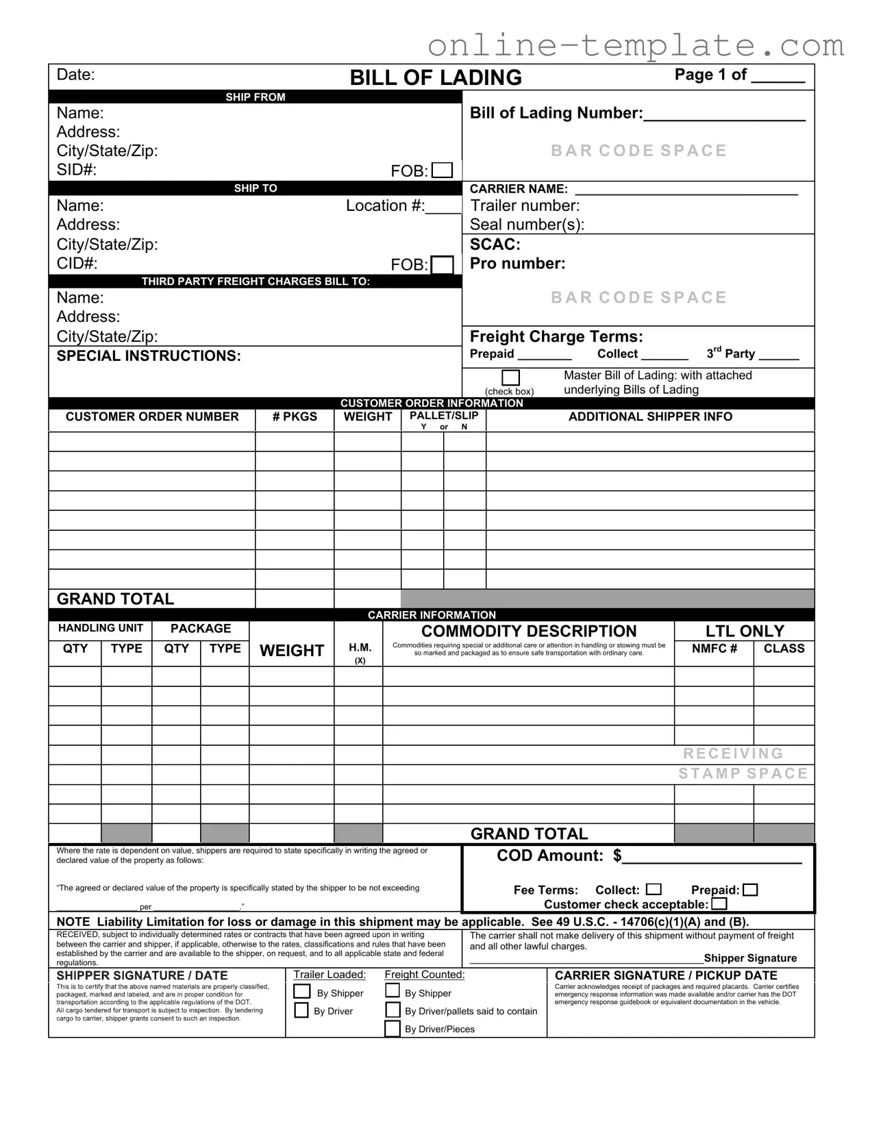 Free Bill of Lading with a Supplement PDF Template