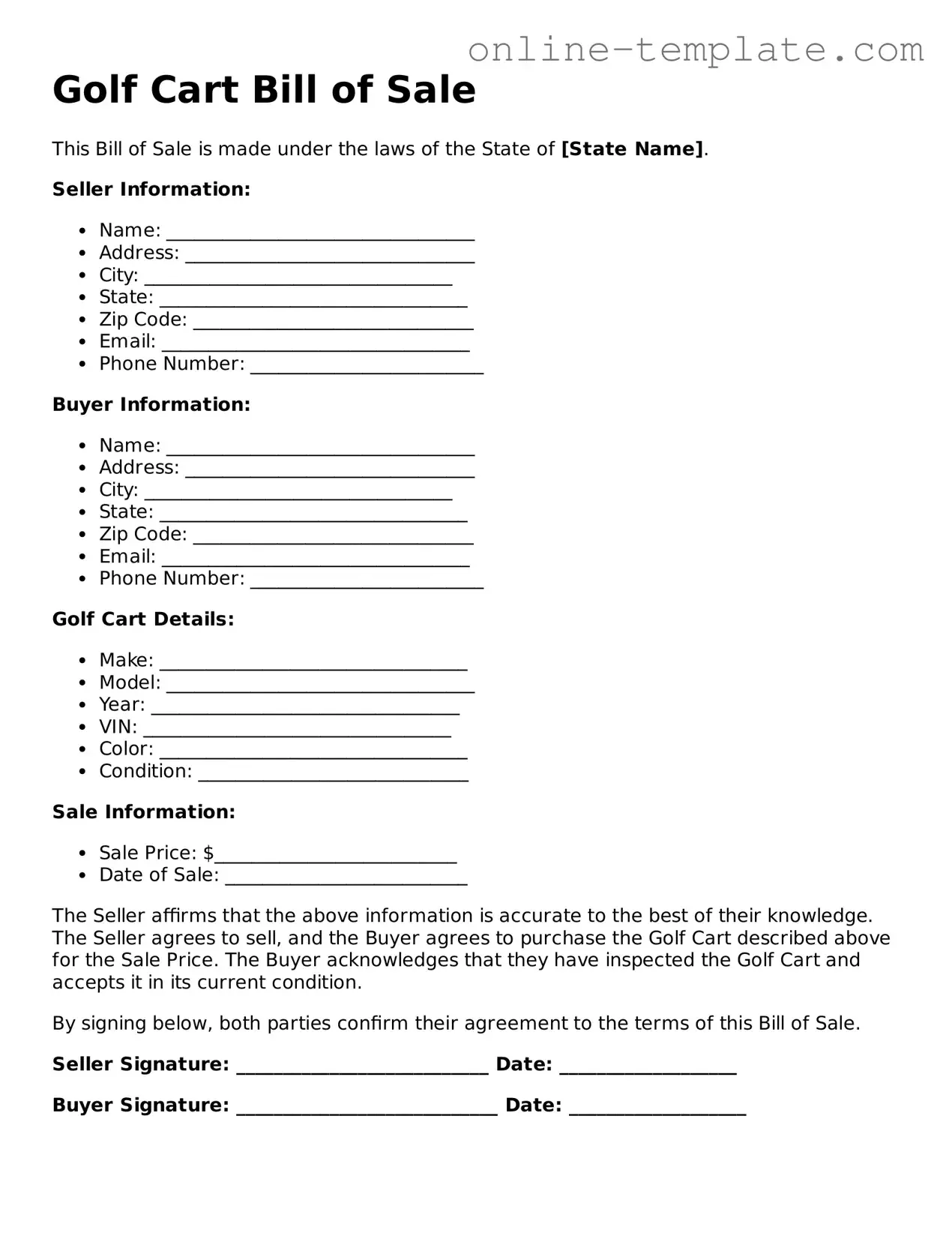 Official Golf Cart Bill of Sale Template