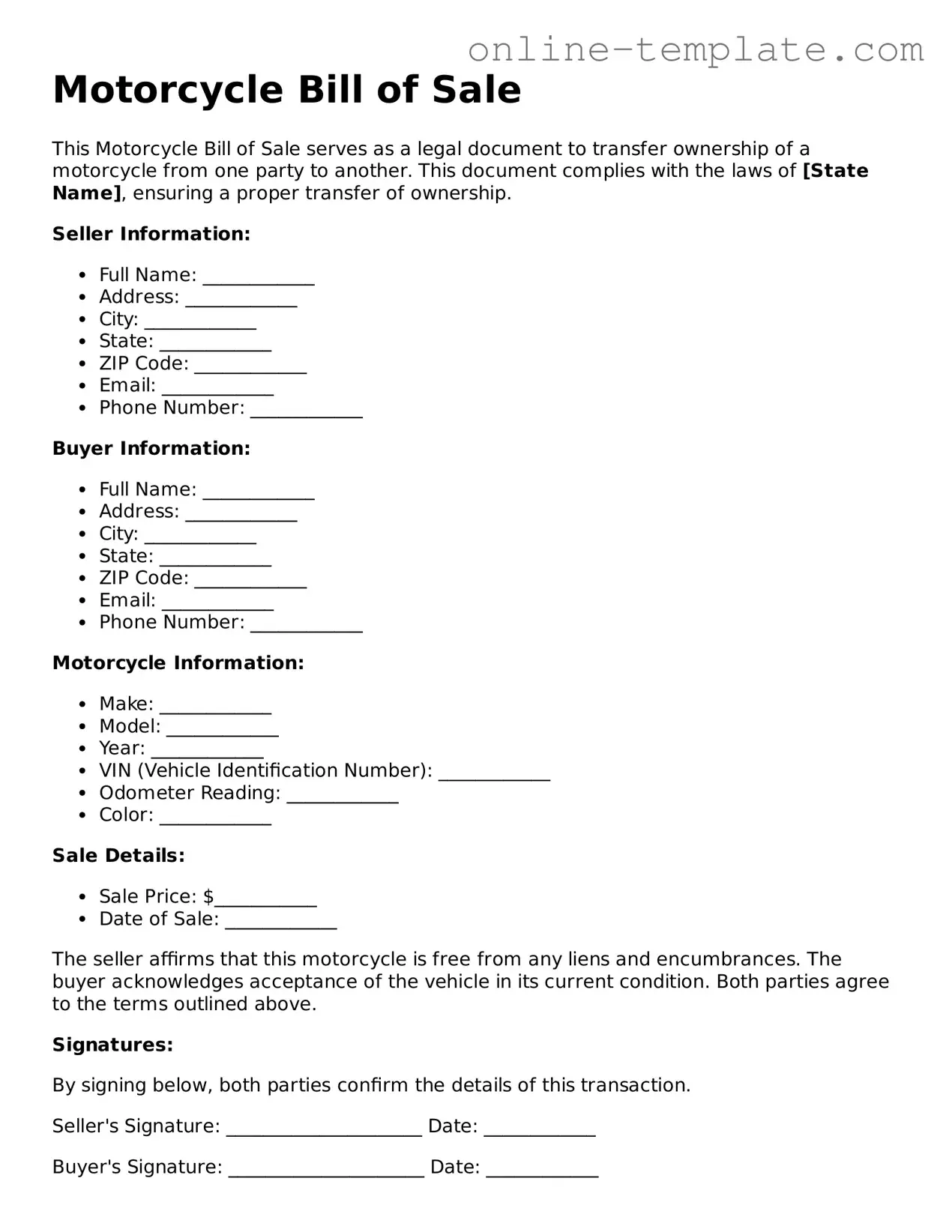Official Motorcycle Bill of Sale Template