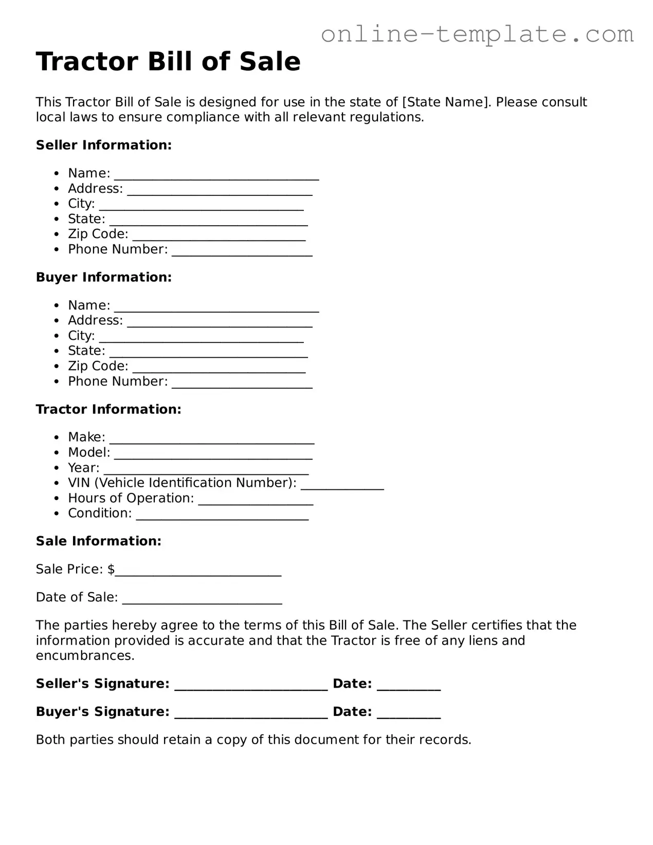 Official Tractor Bill of Sale Template