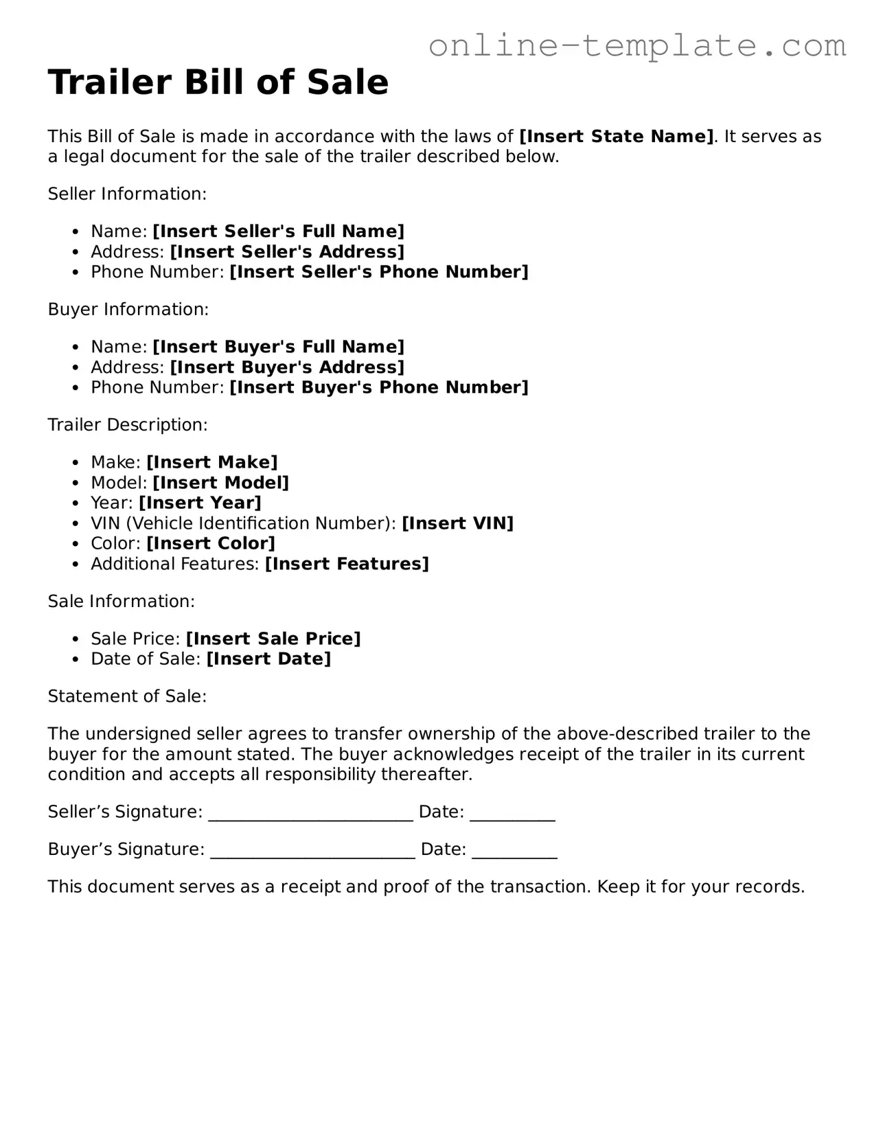 Official Trailer Bill of Sale Template