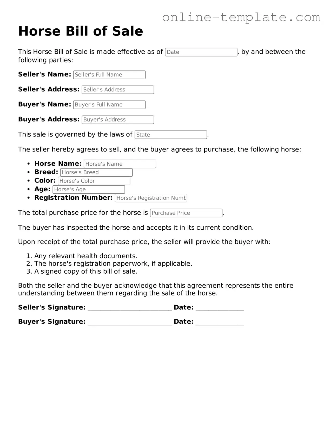 Official Horse Bill of Sale Template
