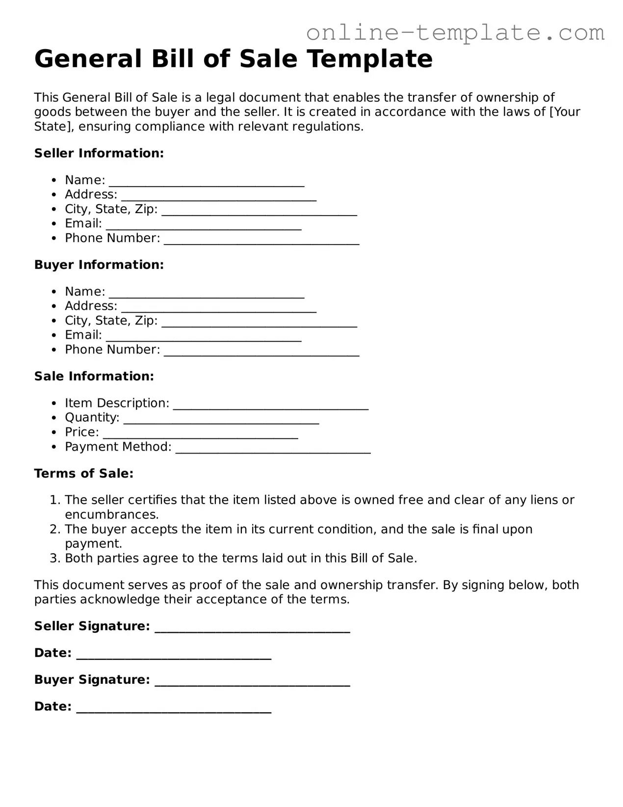 Official General Bill of Sale Template