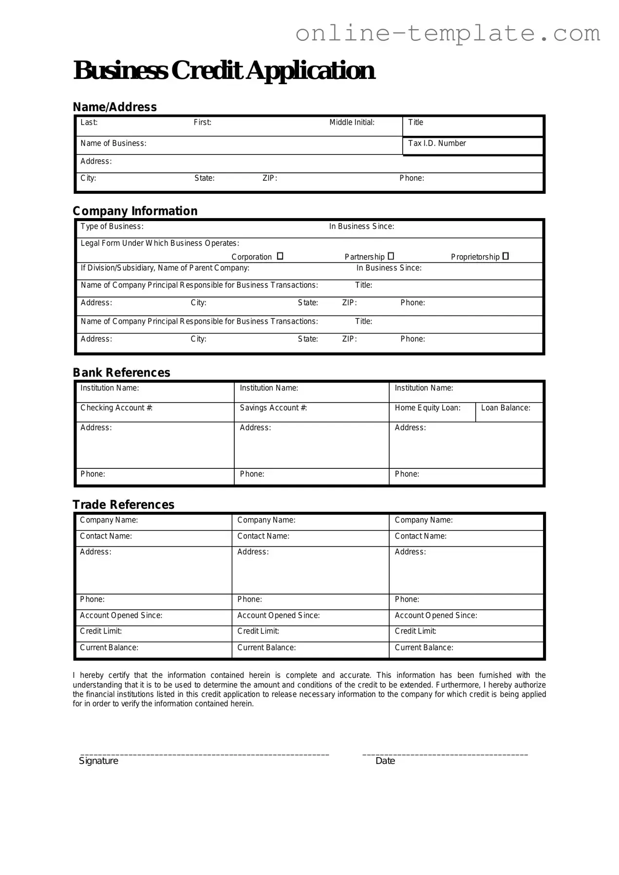 Free Business Credit Application PDF Template
