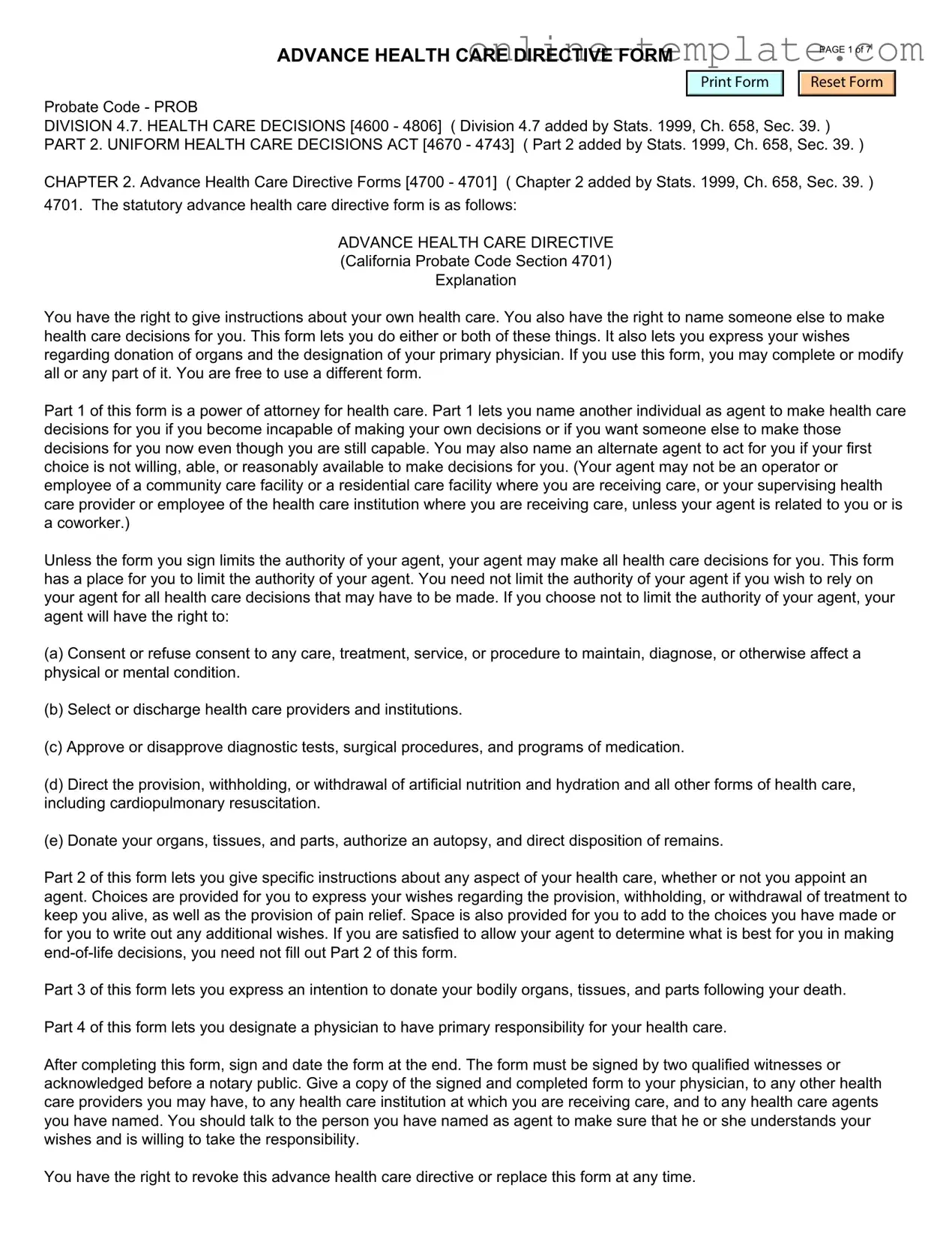 Free California Advanced Health Care Directive PDF Template