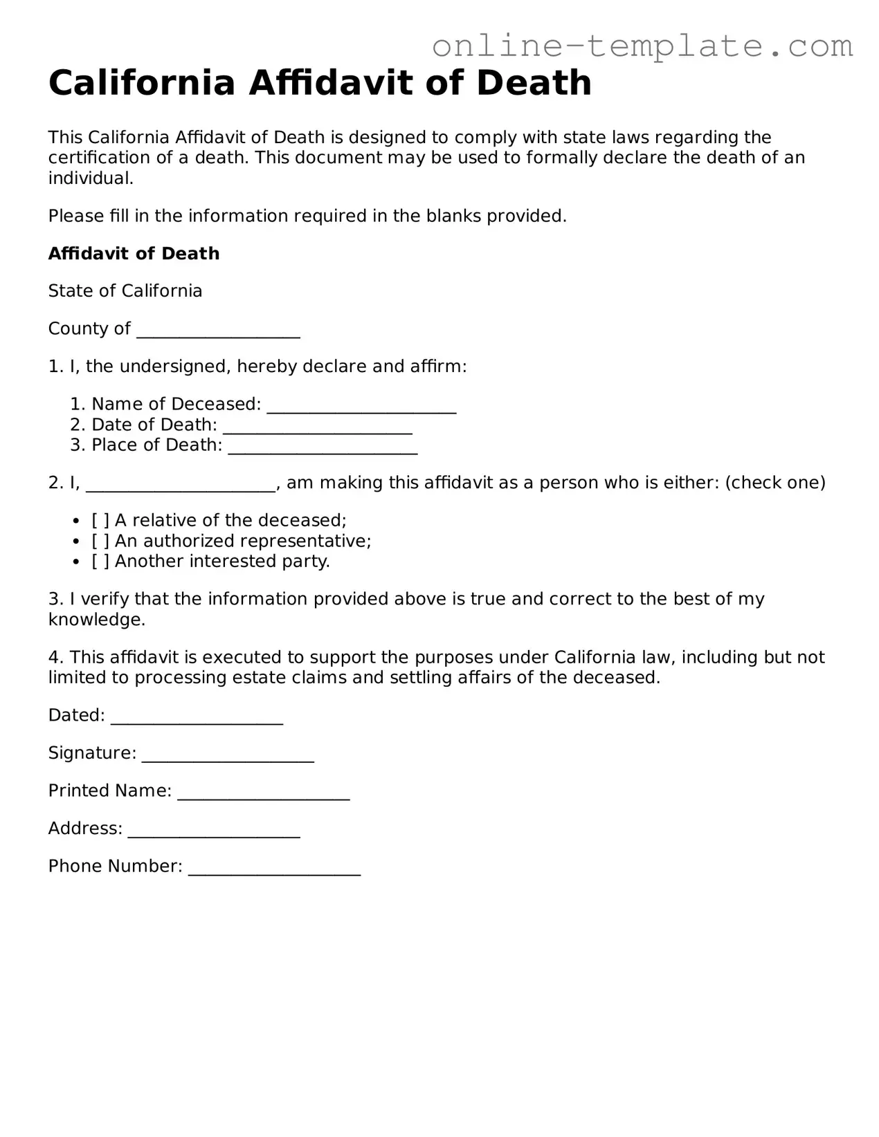 Attorney-Verified  Affidavit of Death Template for California