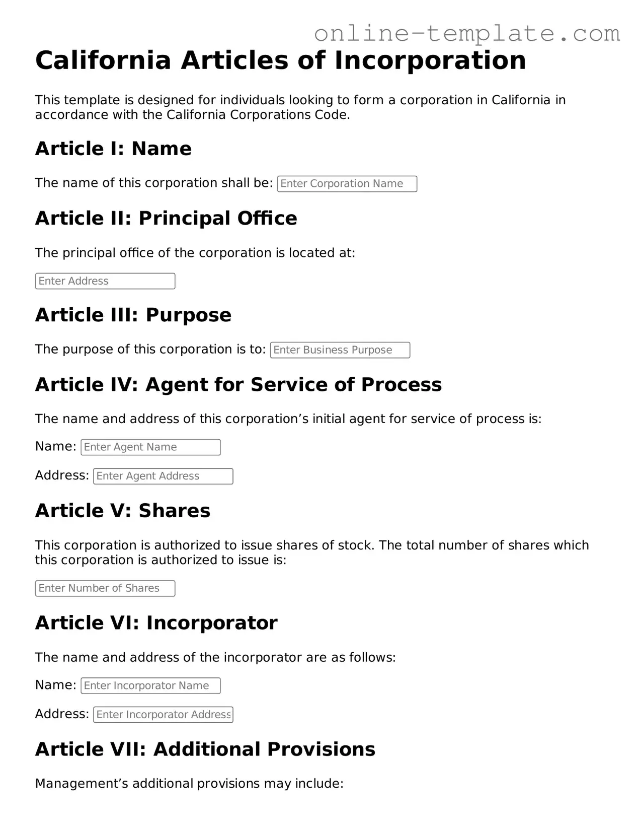 Attorney-Verified  Articles of Incorporation Template for California