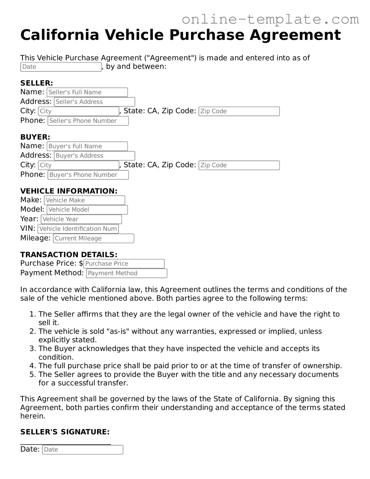 Attorney-Verified  Vehicle Purchase Agreement Template for California