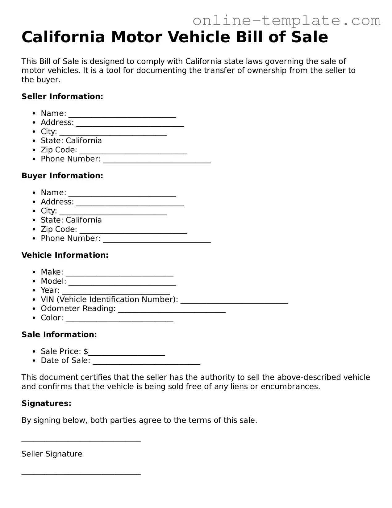 Attorney-Verified  Motor Vehicle Bill of Sale Template for California
