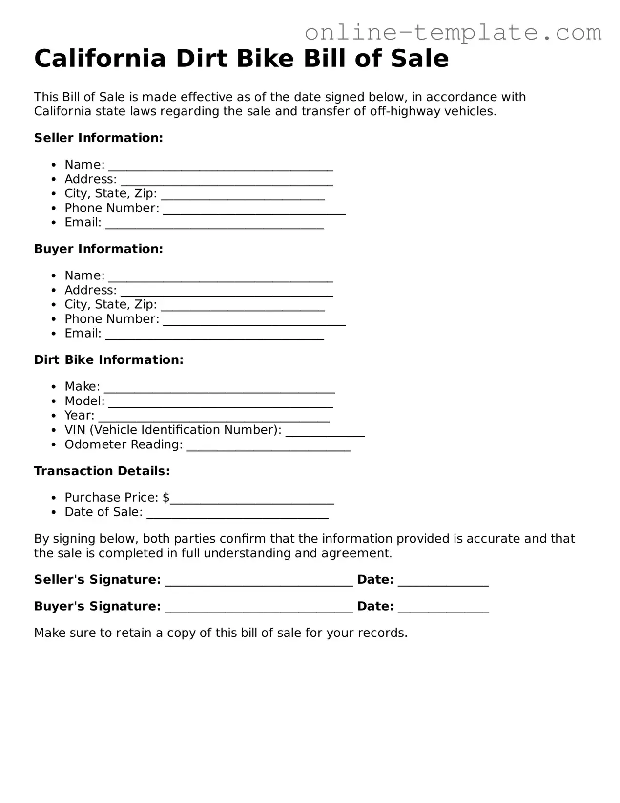 Attorney-Verified  Dirt Bike Bill of Sale Template for California