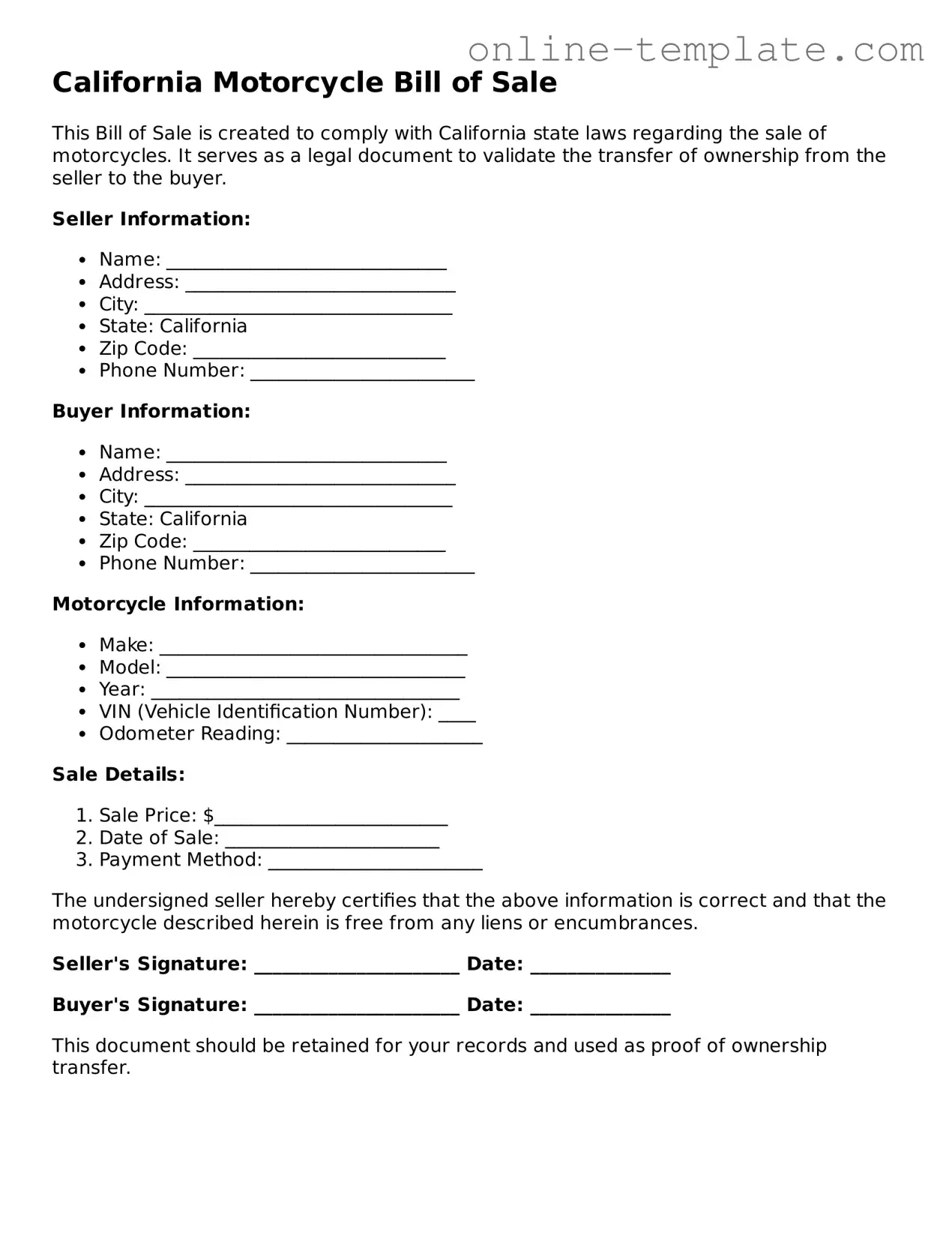Attorney-Verified  Motorcycle Bill of Sale Template for California