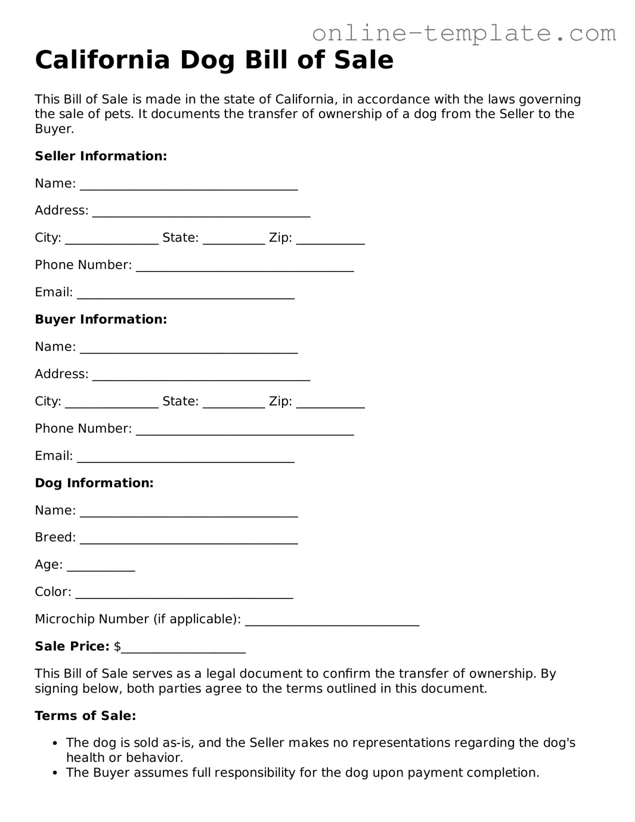 Attorney-Verified  Dog Bill of Sale Template for California