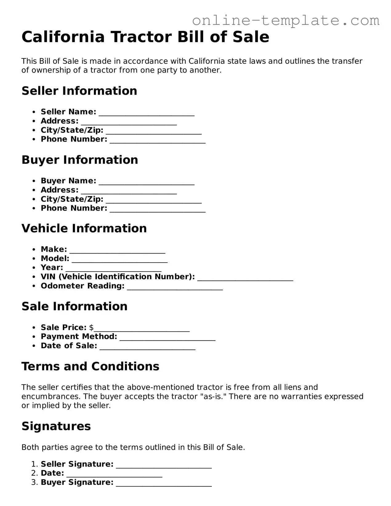 Attorney-Verified  Tractor Bill of Sale Template for California