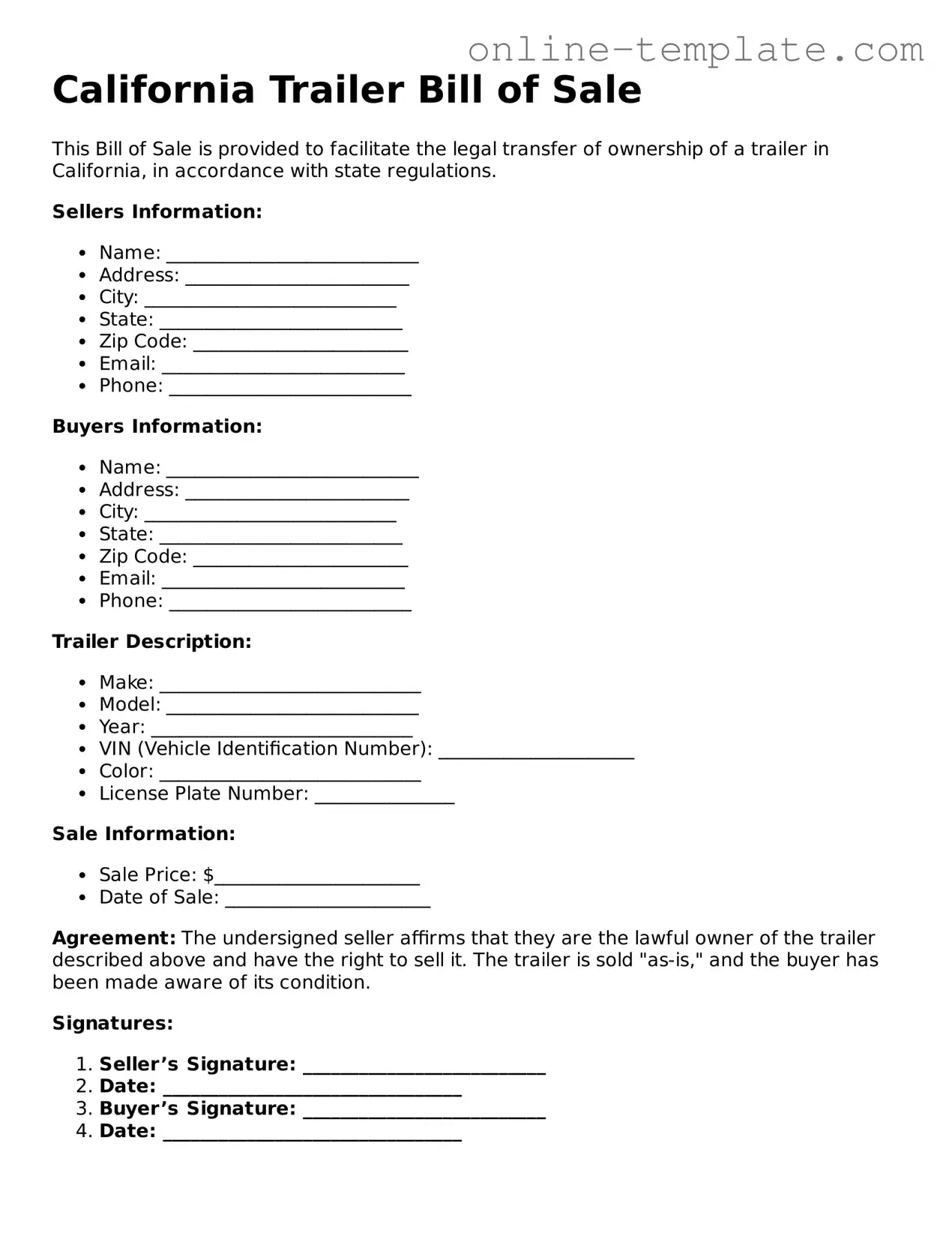 Attorney-Verified  Trailer Bill of Sale Template for California
