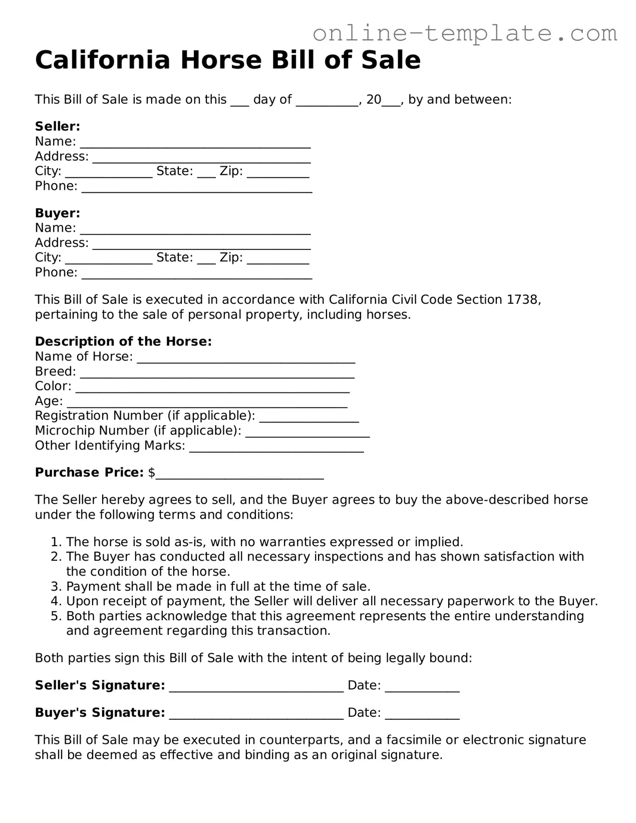 Attorney-Verified  Horse Bill of Sale Template for California