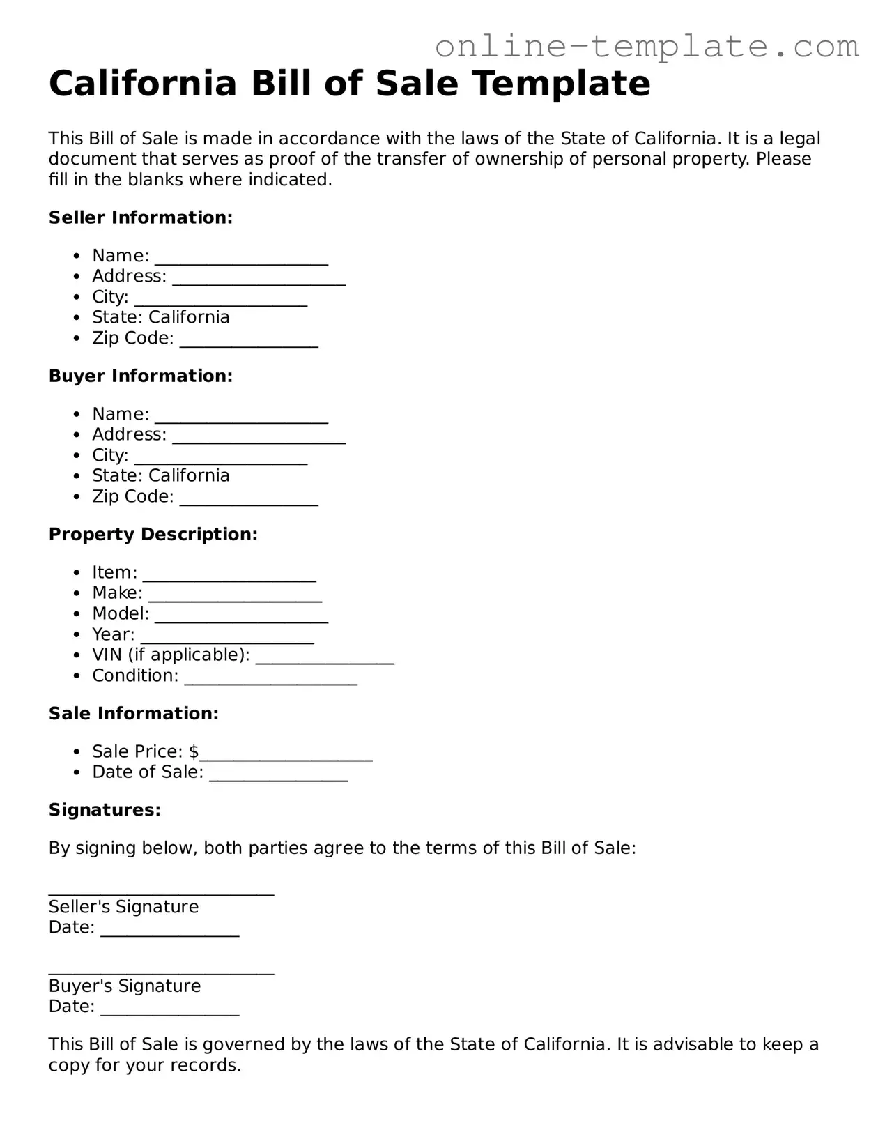 Attorney-Verified  Bill of Sale Template for California