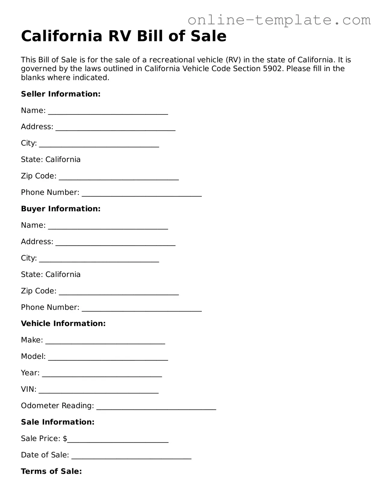 Attorney-Verified  RV Bill of Sale Template for California