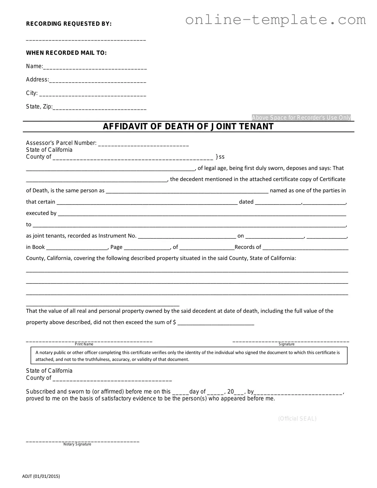 Free California Death of a Joint Tenant Affidavit PDF Template