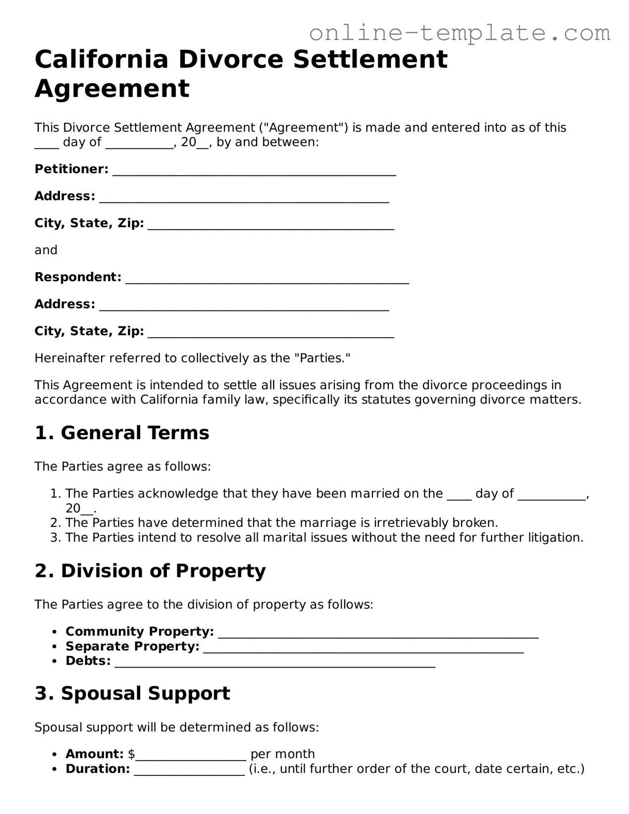 Attorney-Verified  Divorce Settlement Agreement Template for California