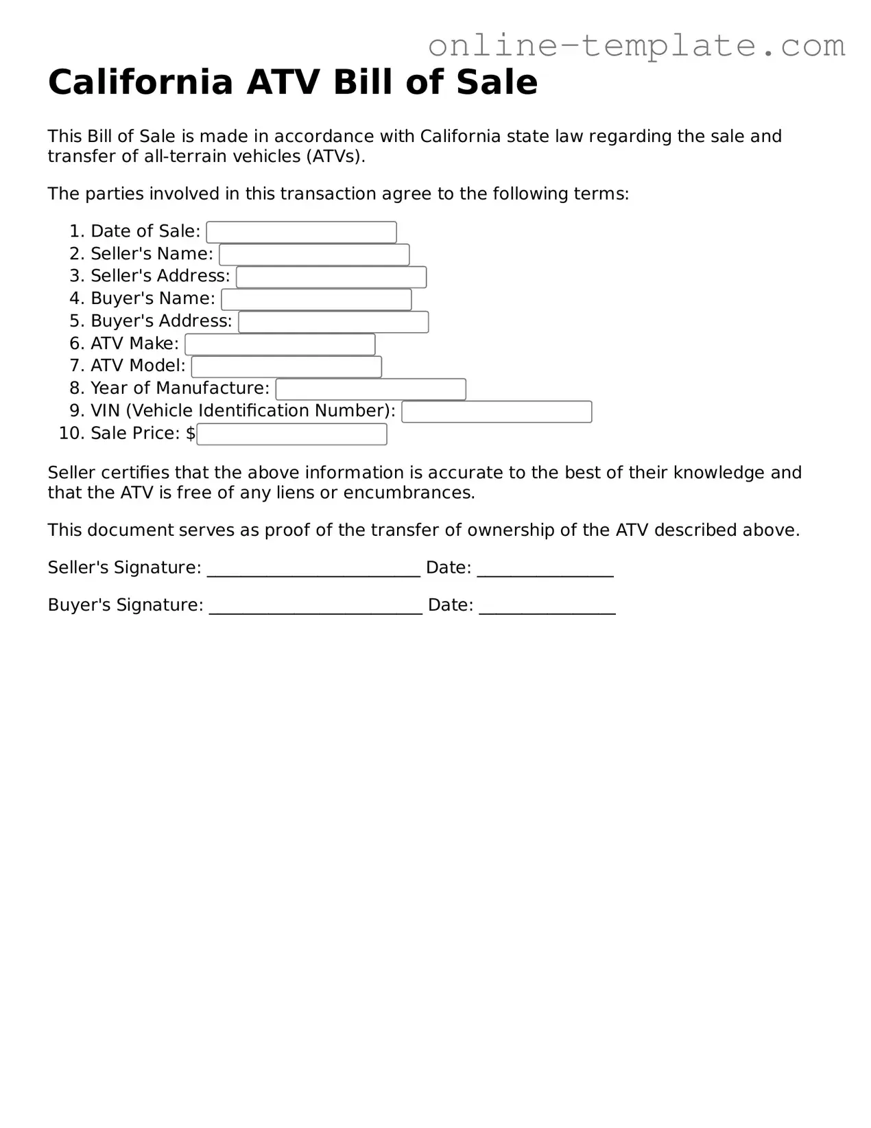 Attorney-Verified  ATV Bill of Sale Template for California