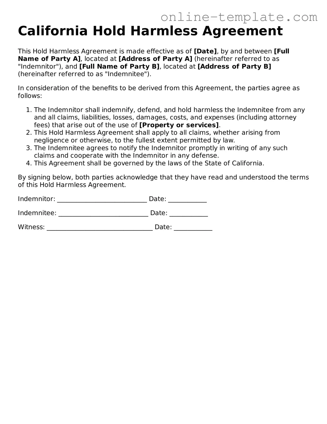 Attorney-Verified  Hold Harmless Agreement Template for California