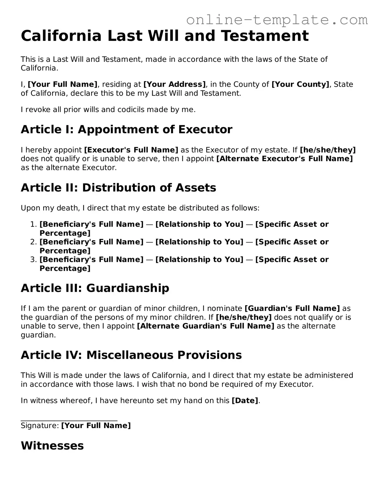 Attorney-Verified  Last Will and Testament Template for California