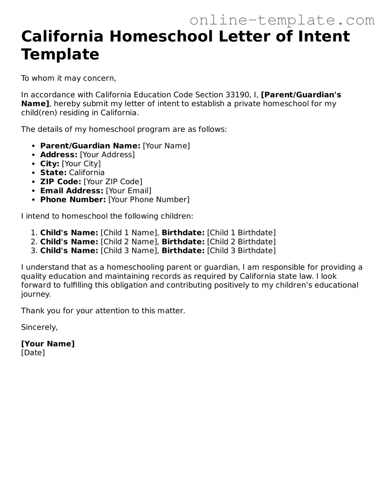 Attorney-Verified  Homeschool Letter of Intent Template for California