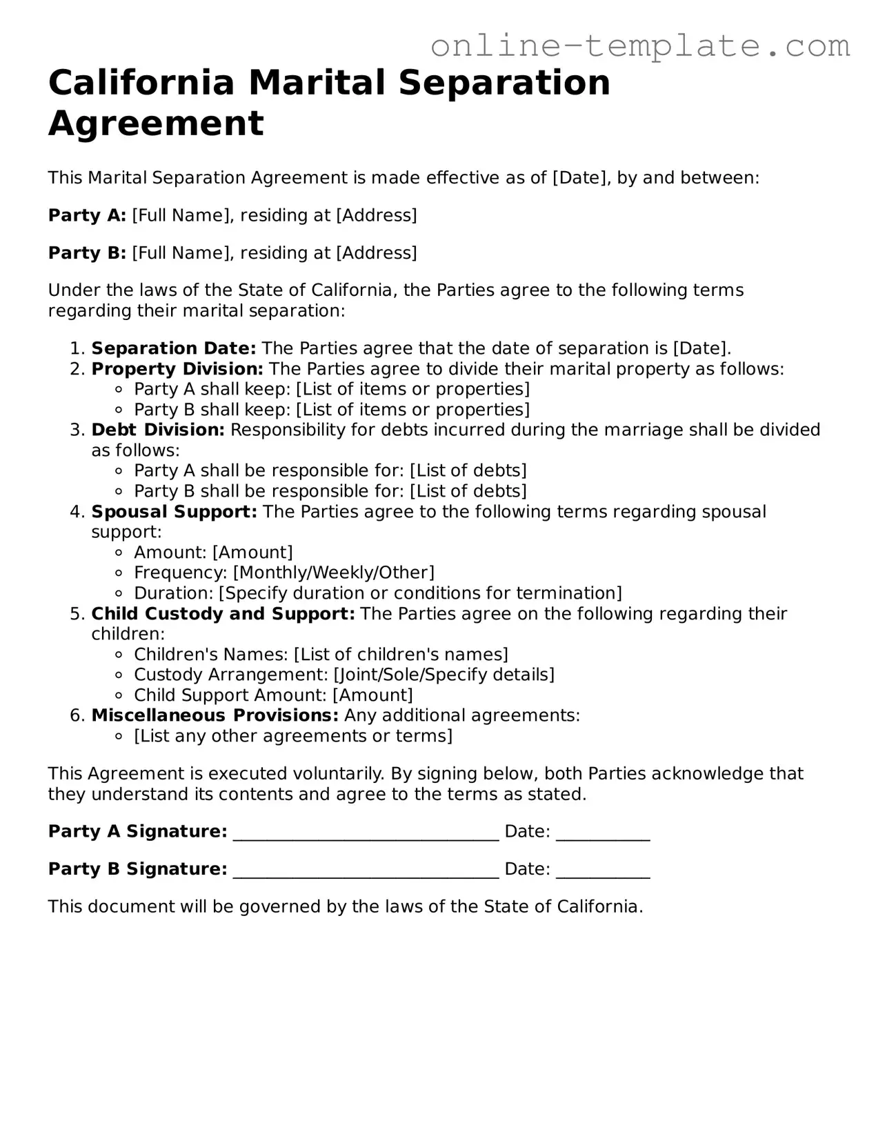 Attorney-Verified  Marital Separation Agreement Template for California
