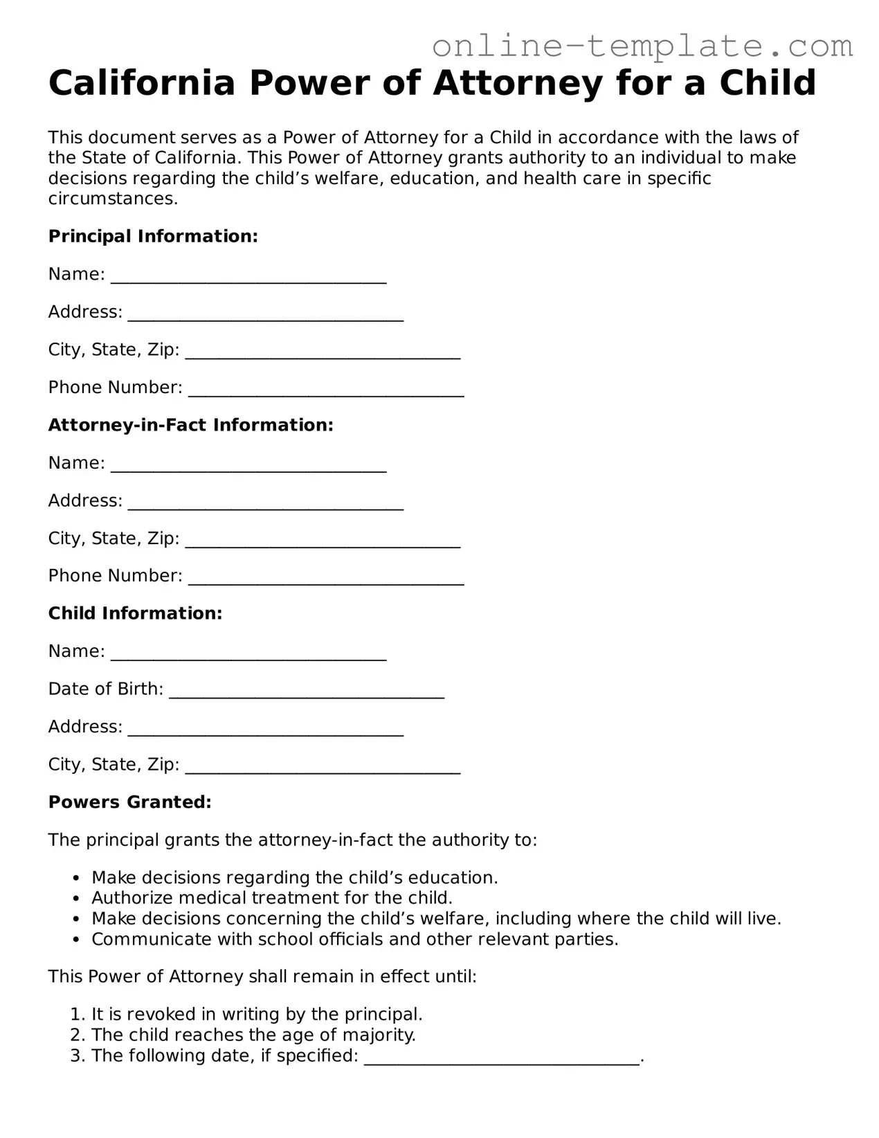 Attorney-Verified  Power of Attorney for a Child Template for California