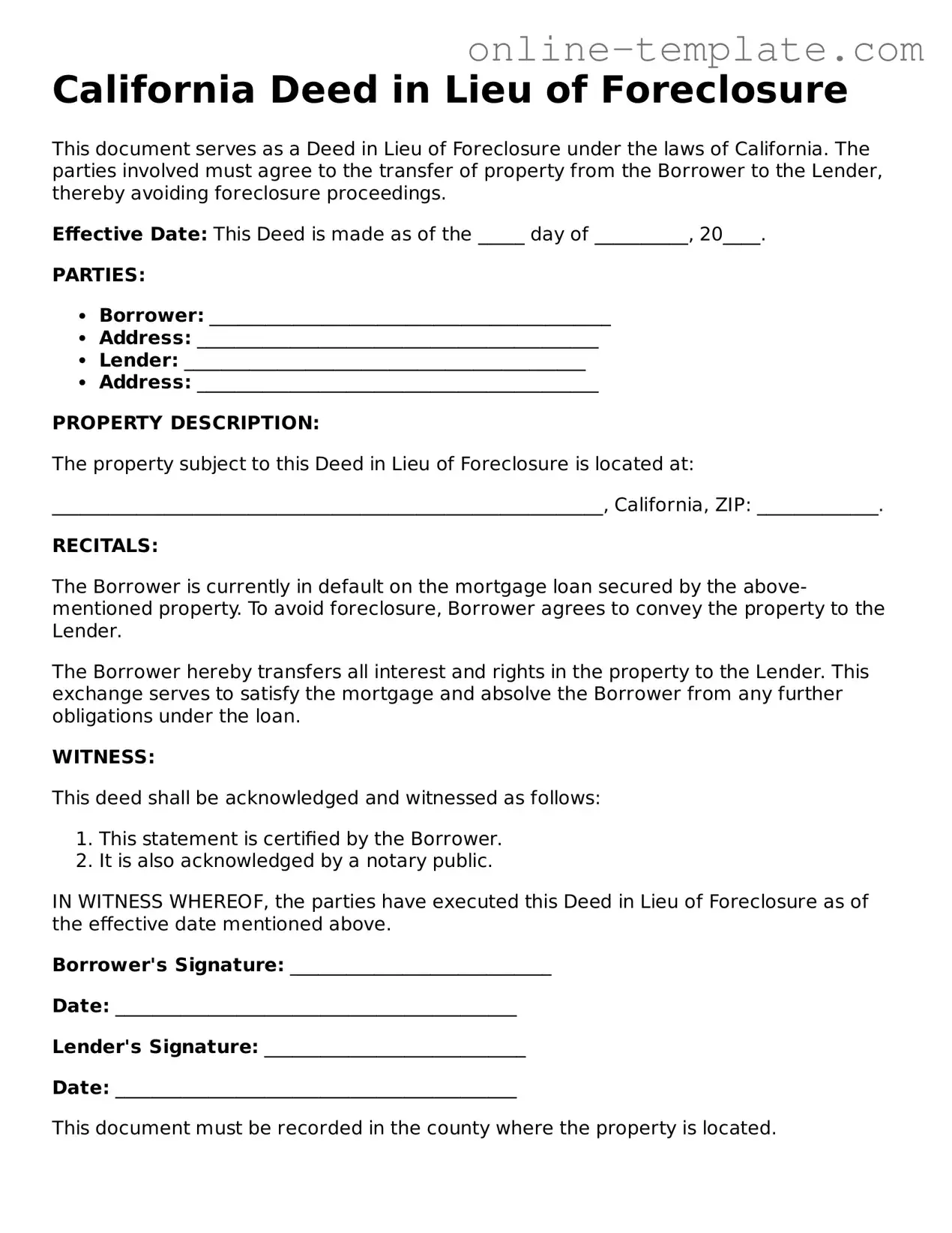 Attorney-Verified  Deed in Lieu of Foreclosure Template for California