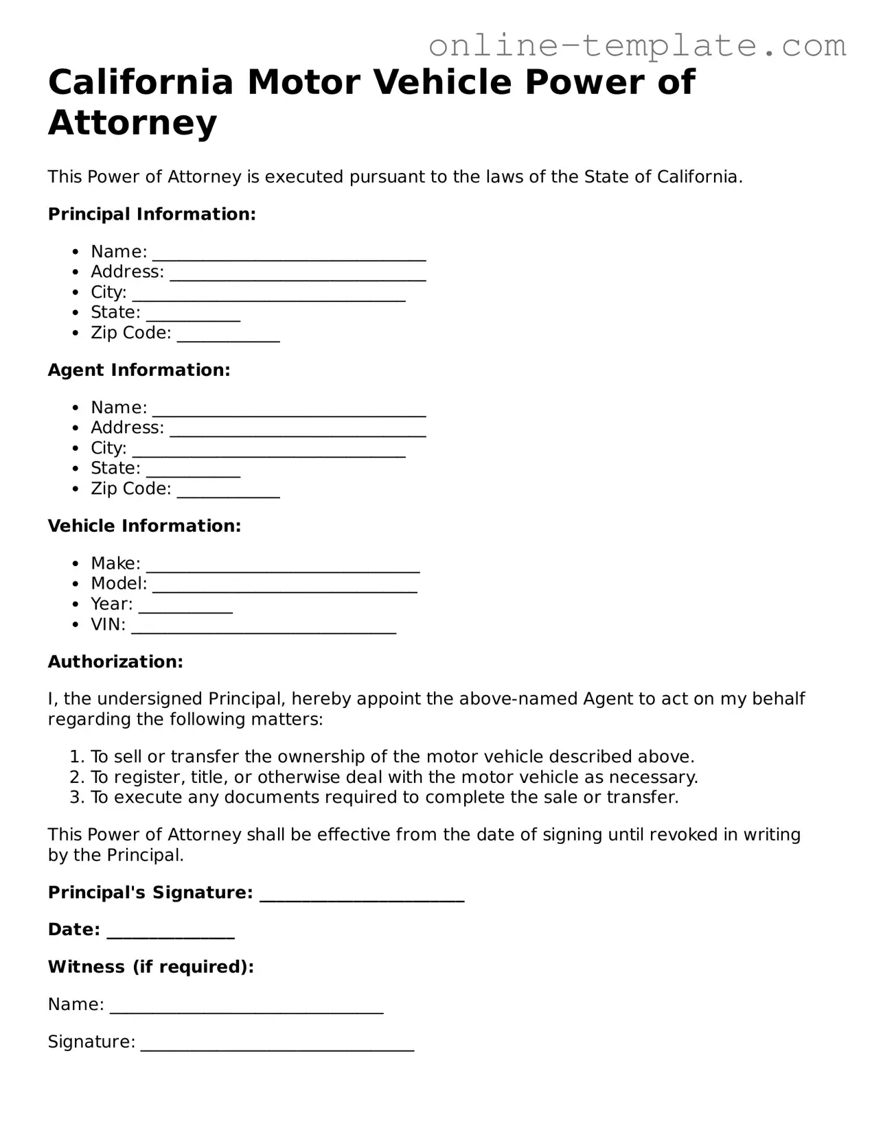 Attorney-Verified  Motor Vehicle Power of Attorney Template for California
