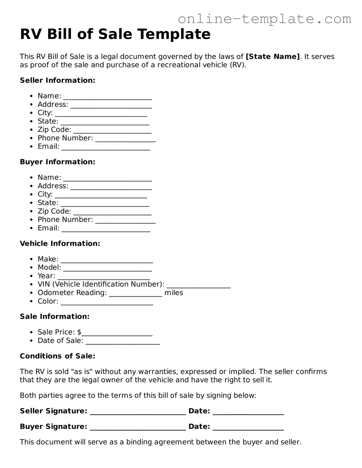 Official RV Bill of Sale Template