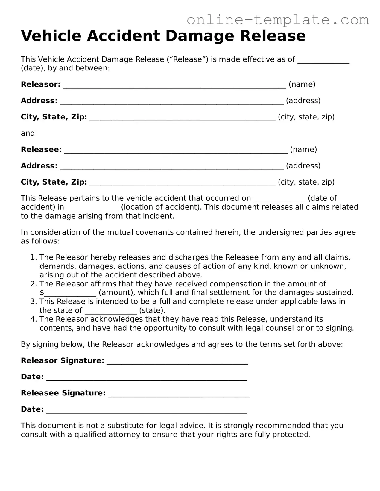Official Vehicle Accident Damage Release Template