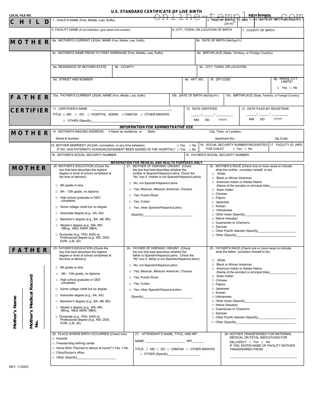 Free CDC U.S. Standard Certificate of Live Birth PDF Template