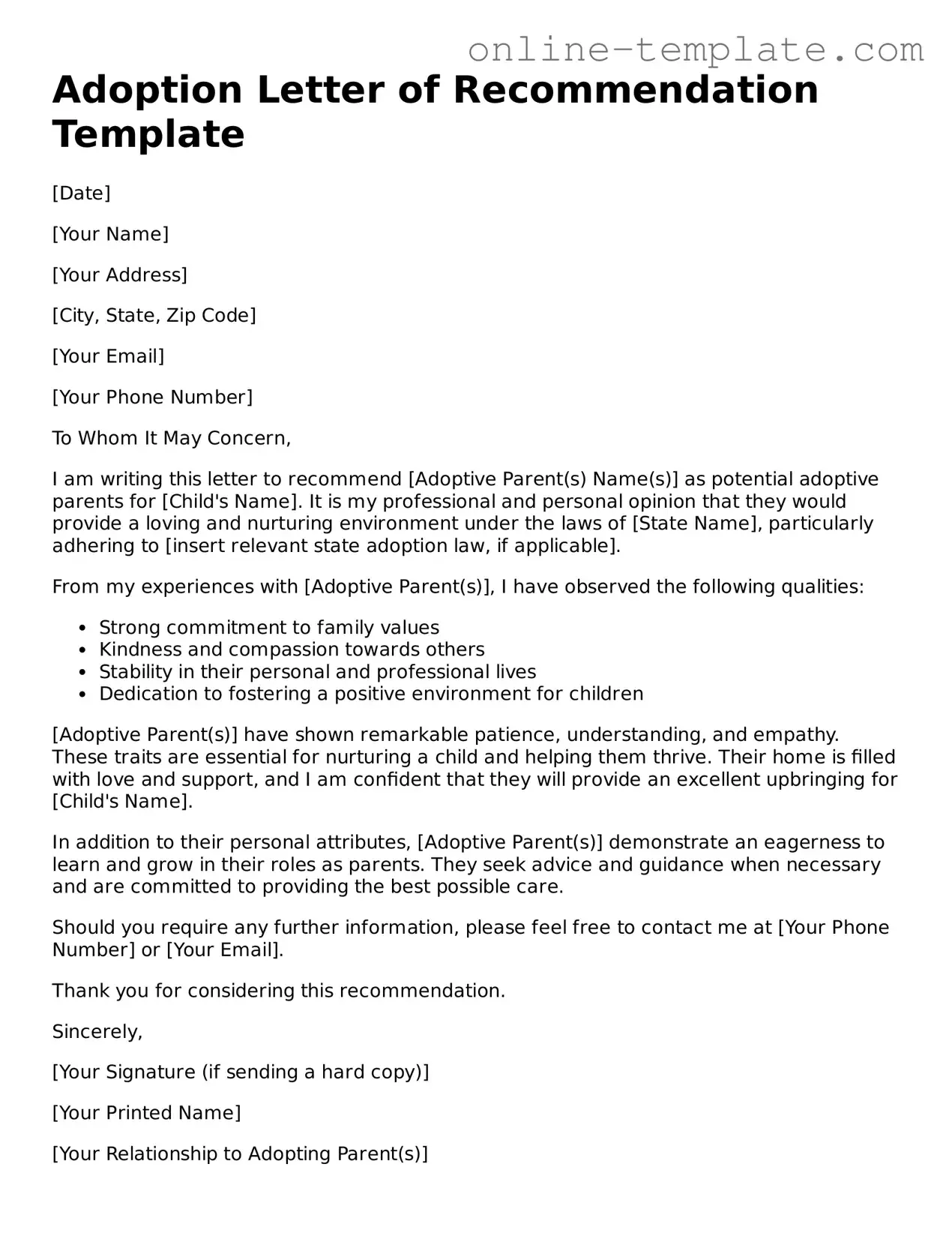 Official Adoption Letter of Recommendation Template