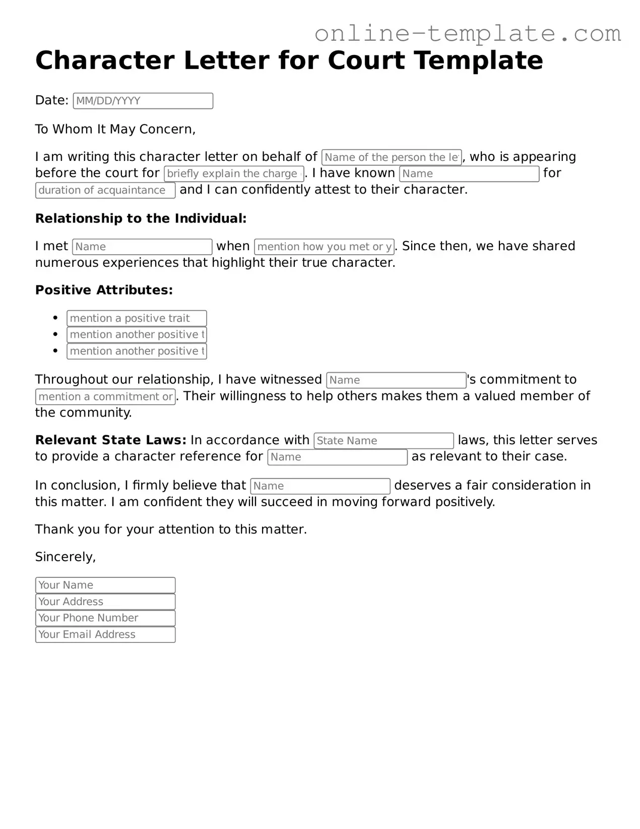 Official Character Letter for Court Template
