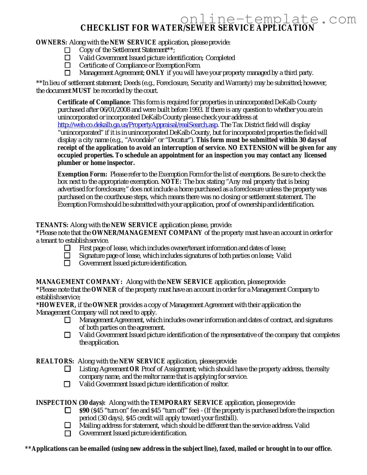 Free Dekalb County Water Application PDF Template