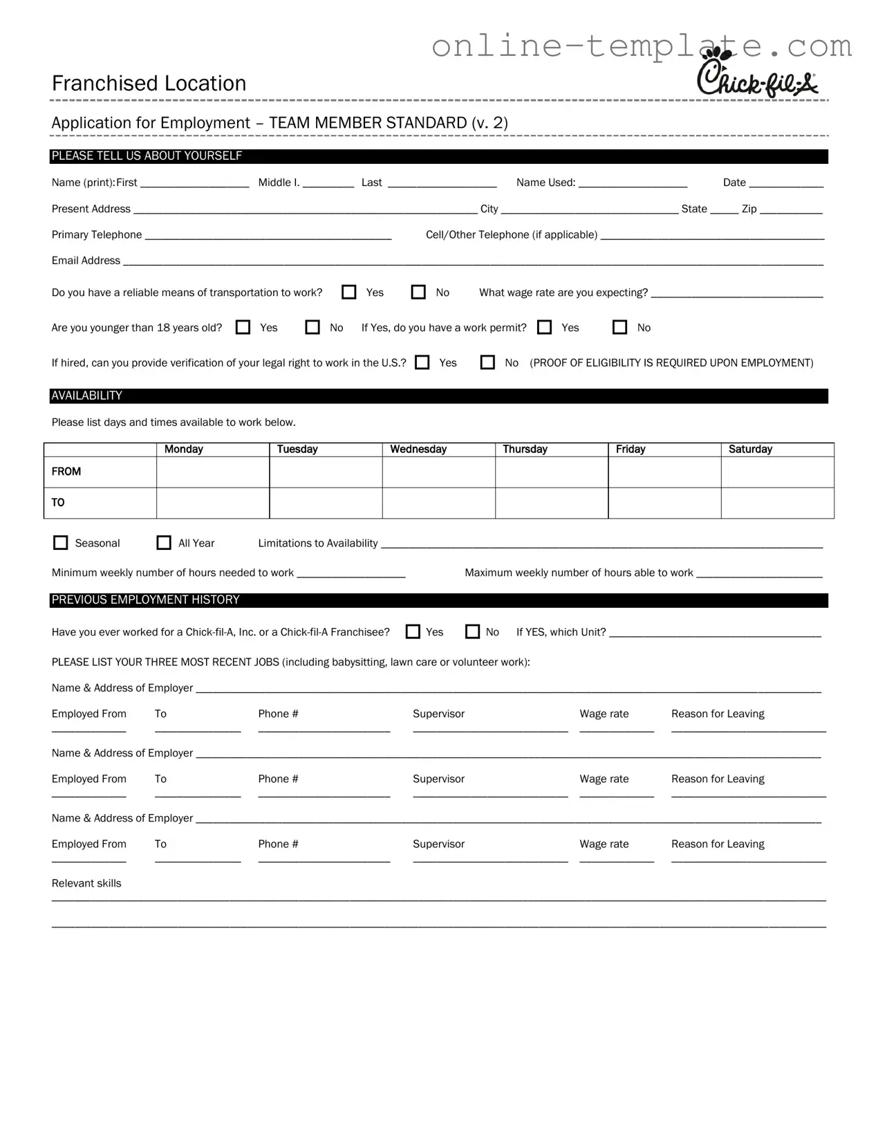 Free Chick Fil A Job Application PDF Template