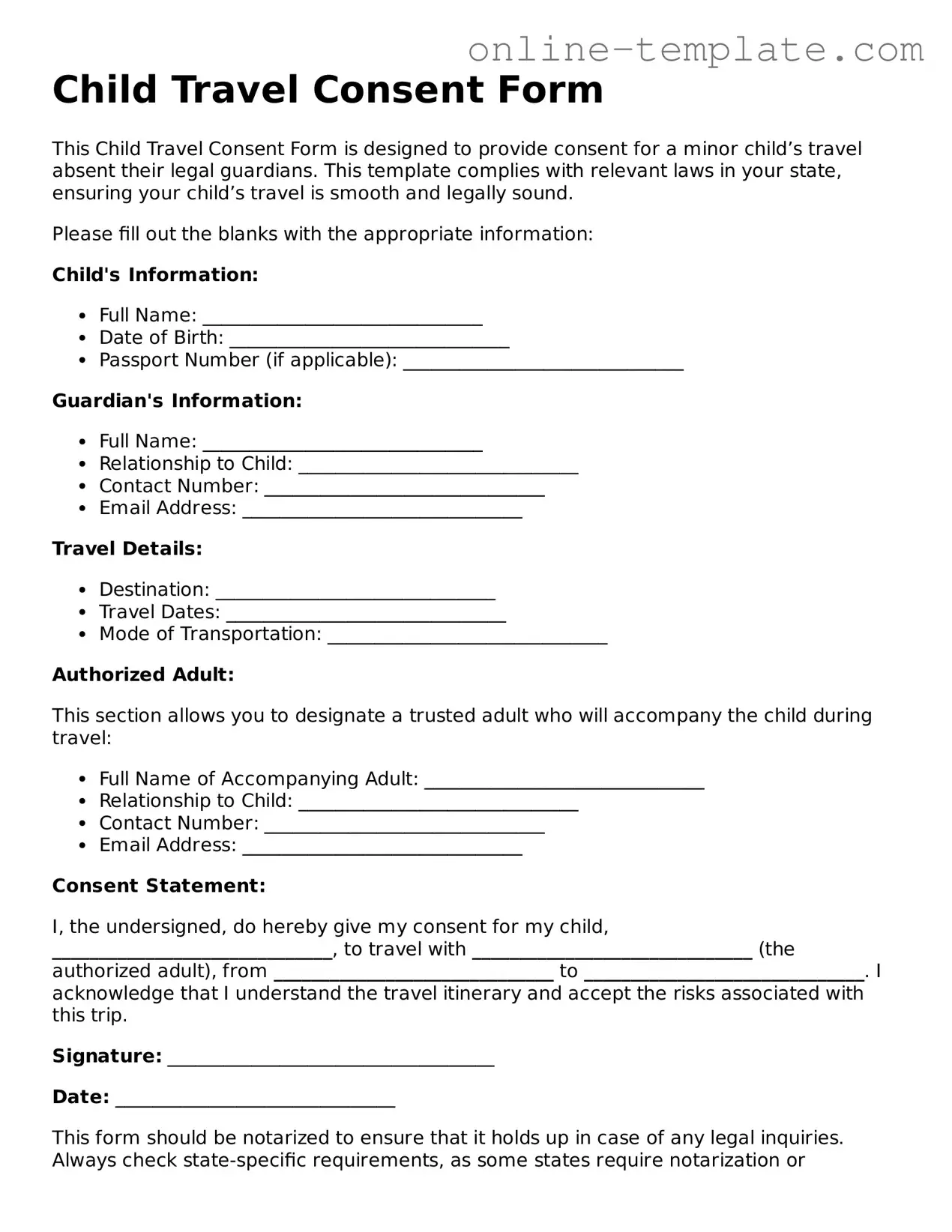 Official Child Travel Consent Form Template
