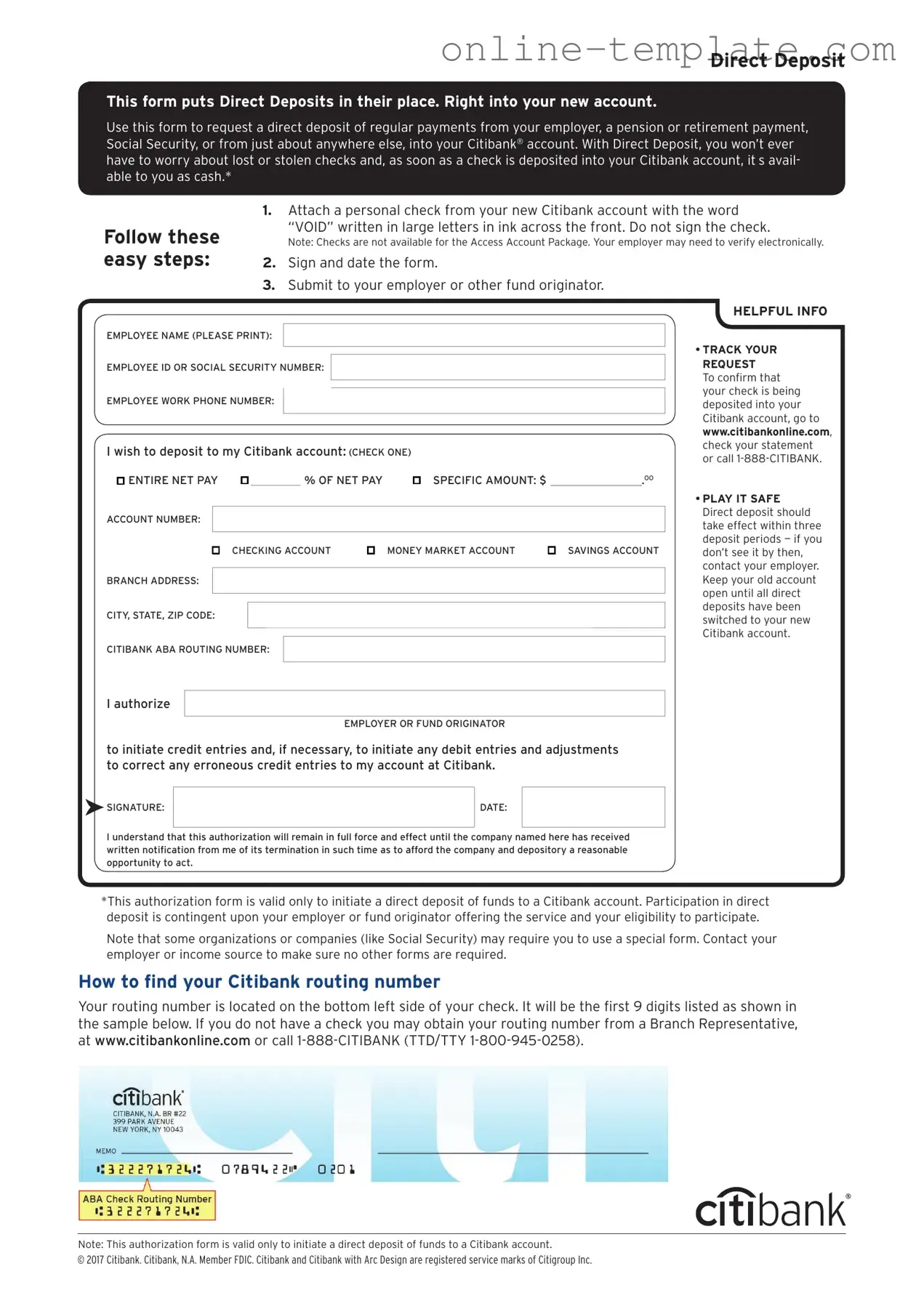 Free Citibank Direct Deposit PDF Template