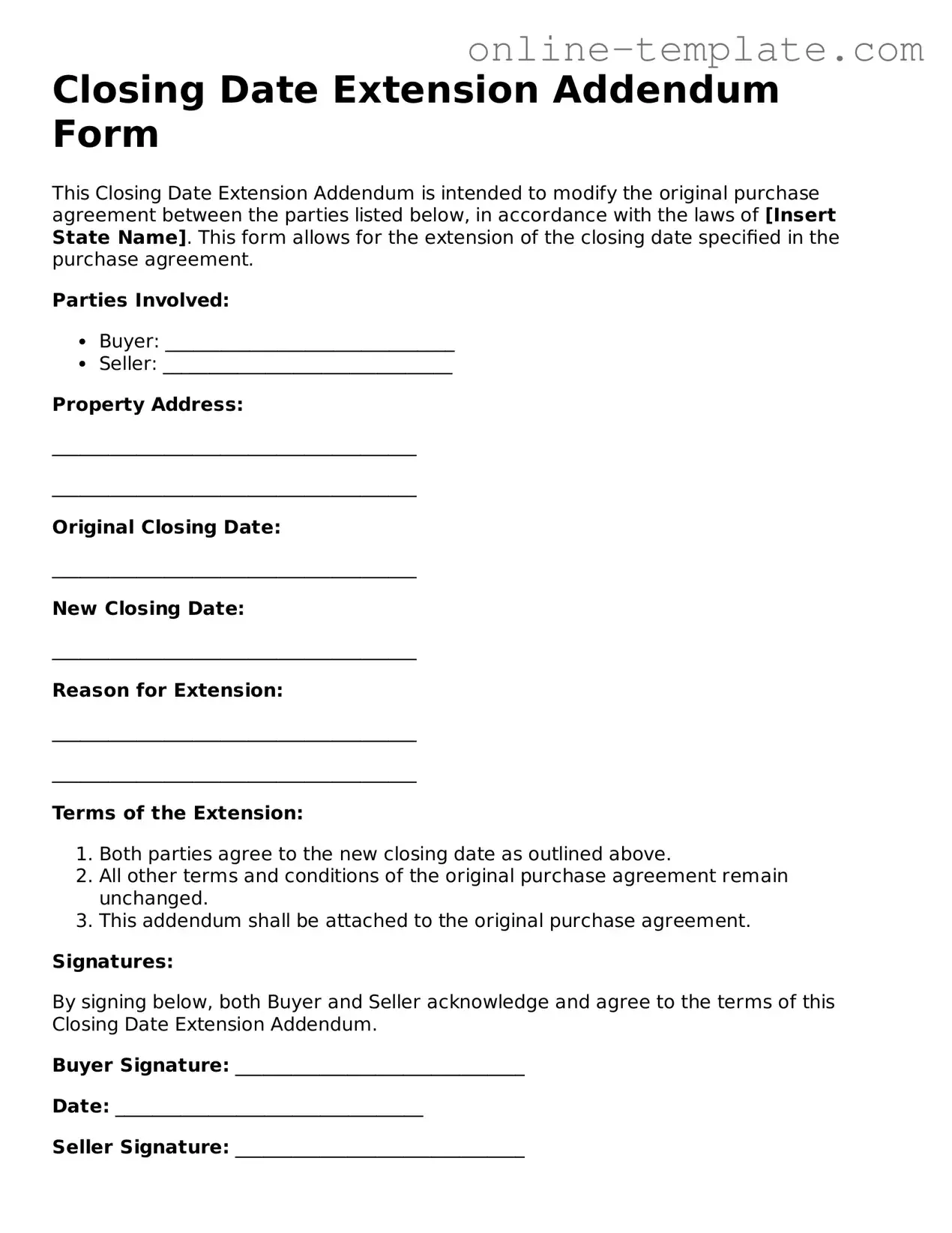 Official Closing Date Extension Addendum Form Template