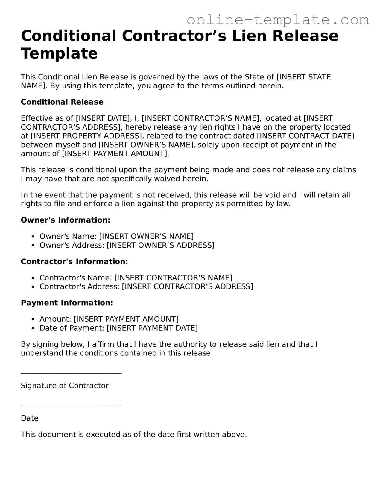 Official Conditional Contractor’s Lien Release Template