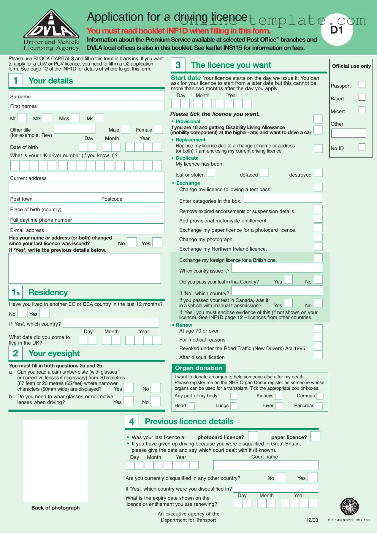 Free D1 Dvla PDF Template
