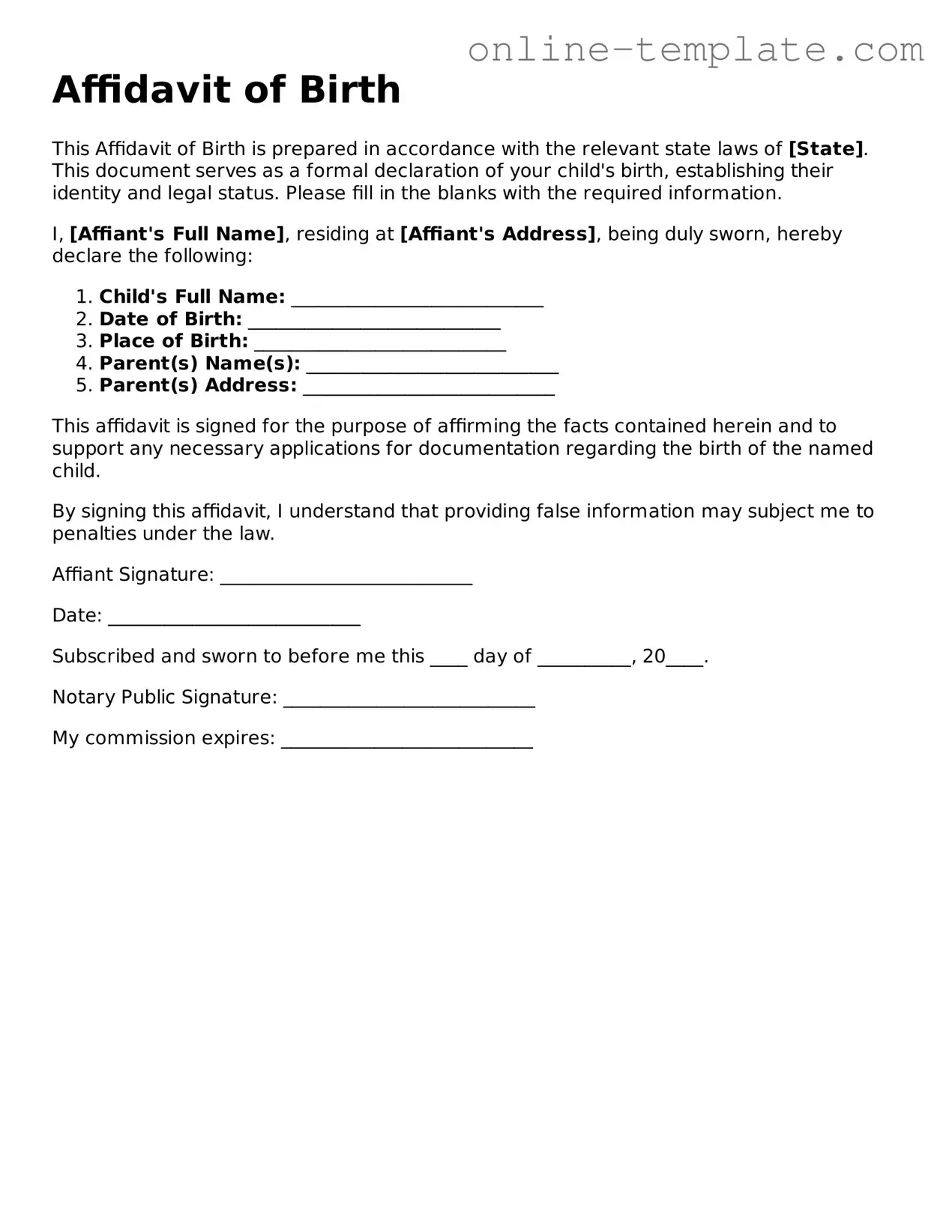 Official Affidavit of Birth Template